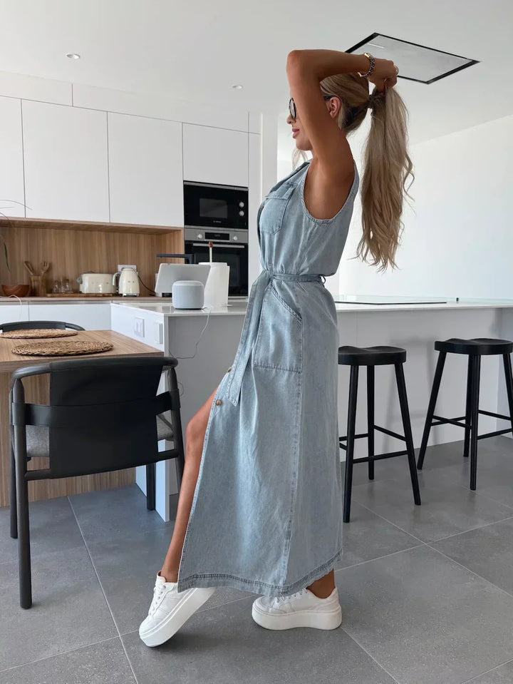 Hanna - Sleeveless Long Denim Dress
