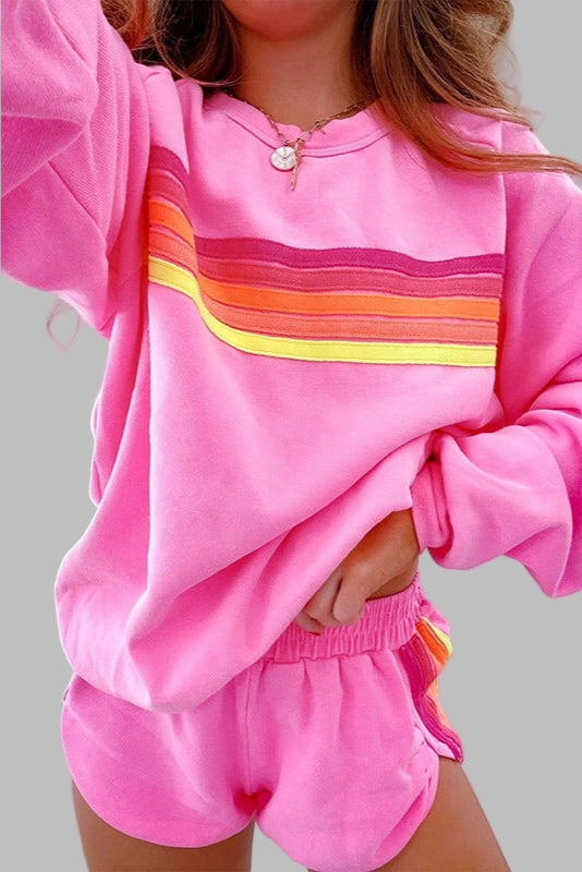 Maya - Comfy Striped Crew Neck Top and Shorts Pajama Set