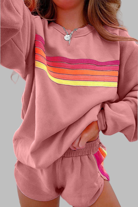 Maya - Comfy Striped Crew Neck Top and Shorts Pajama Set