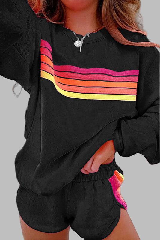 Maya - Comfy Striped Crew Neck Top and Shorts Pajama Set