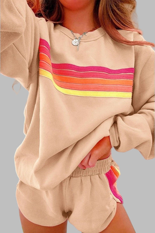 Maya - Comfy Striped Crew Neck Top and Shorts Pajama Set