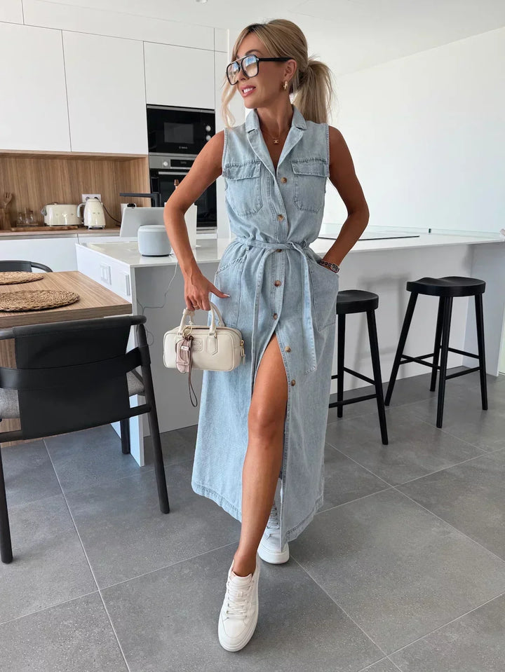 Hanna - Sleeveless Long Denim Dress