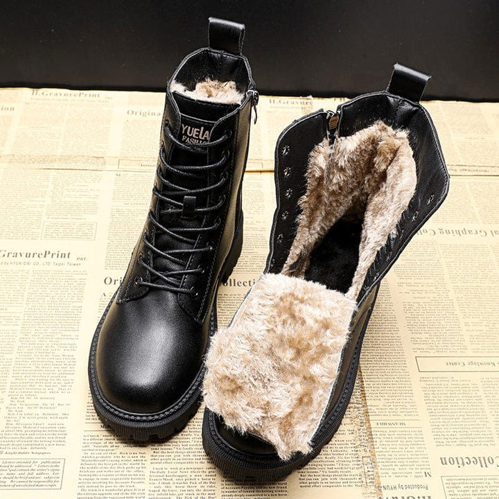 Helena - Black Leather Insulated Boots with Fur Lining