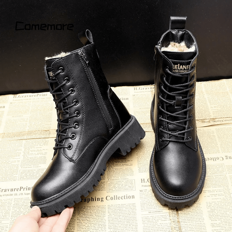 Helena - Black Leather Insulated Boots with Fur Lining