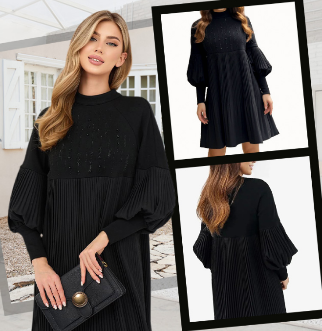 Marlene - Plus Size Dress With Stand Collar And Lantern Sleeves