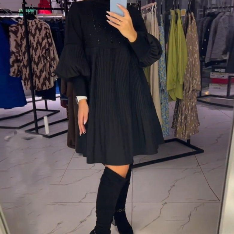 Marlene - Plus Size Dress With Stand Collar And Lantern Sleeves