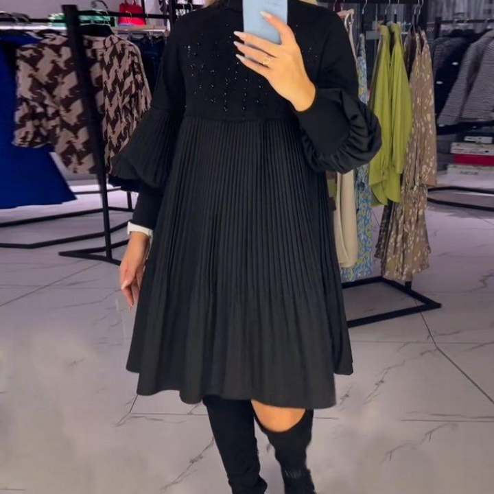 Marlene - Plus Size Dress With Stand Collar And Lantern Sleeves
