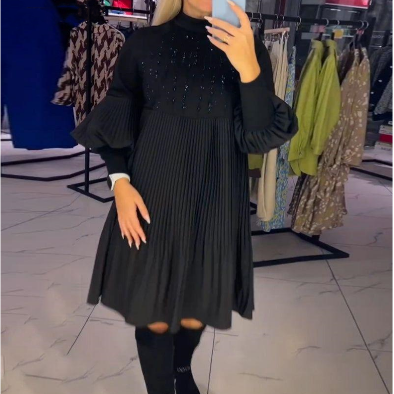 Marlene - Plus Size Dress With Stand Collar And Lantern Sleeves