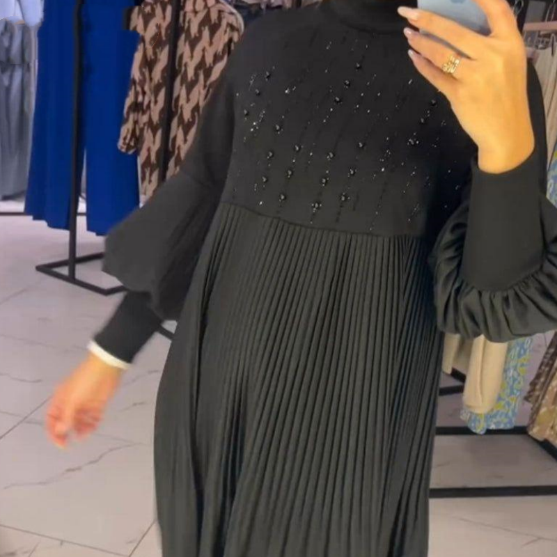 Marlene - Plus Size Dress With Stand Collar And Lantern Sleeves