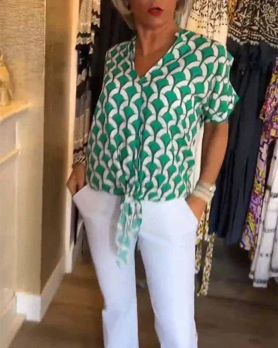 Vienna – Geometric Print V-Neck Top