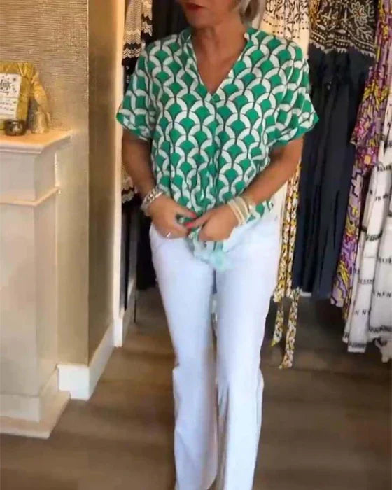 Vienna – Geometric Print V-Neck Top