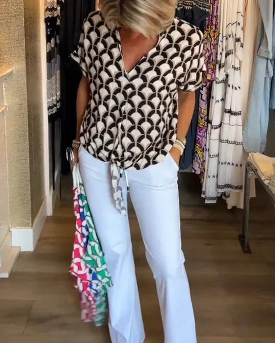 Vienna – Geometric Print V-Neck Top