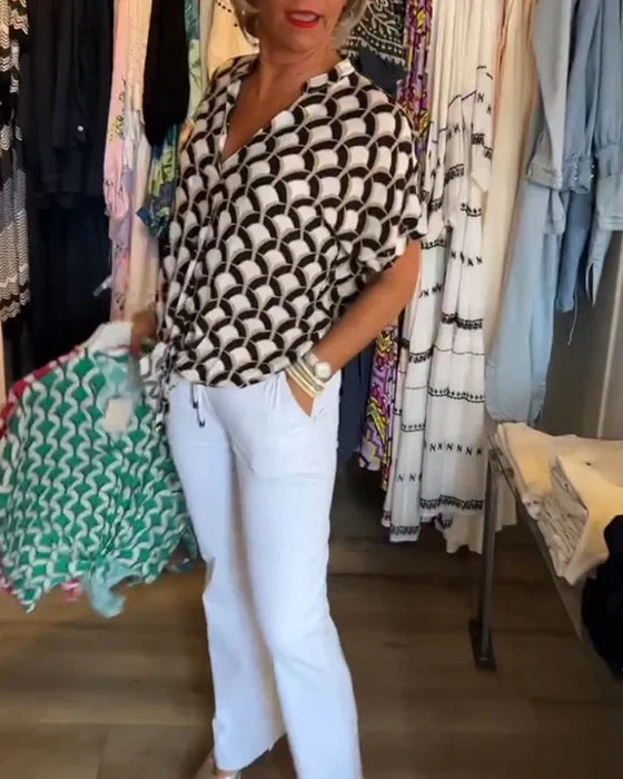 Vienna – Geometric Print V-Neck Top